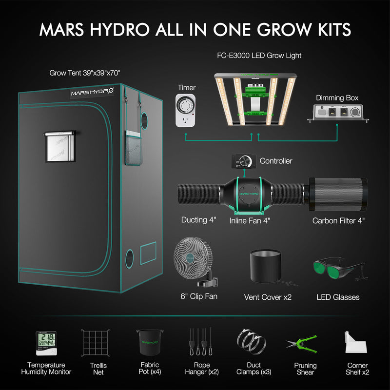 Mars Hydro FC-E 3000 + 100x100x180cm + 100mm 350m3/h ventilaator + filter - temperatuuriregulaatoriga / süsteemi alus