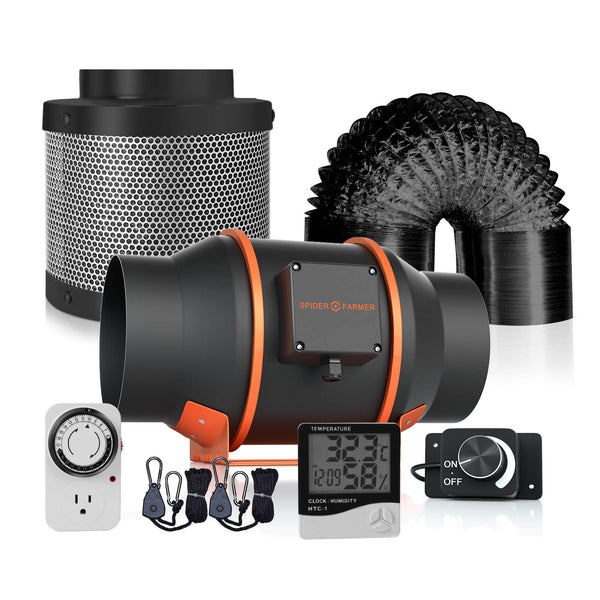Spider Farmer® 150mm 600m3/h ventilaator + filter + tarvikud / kiirusregulaatoriga